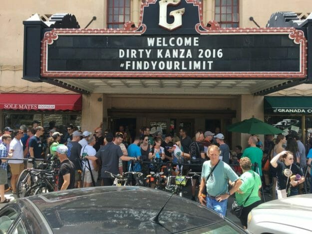 Dirty Kanza 2016 Find Your Limit – 360velo Old theater entrance canopy with sign that reads Welcome Dirty Kanza 2016 #FINDYOURLIMIT