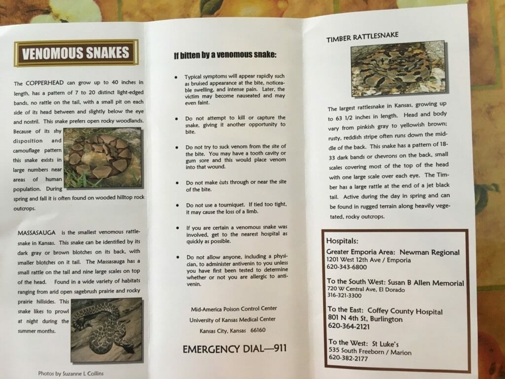 Pamphlet discussion venomous snakes for Dirty Kanza