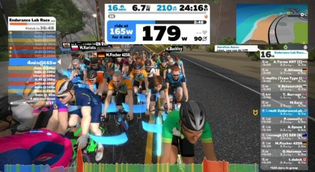 Zwift Group Workout – 360velo Zwift screen with riders in a group workout
