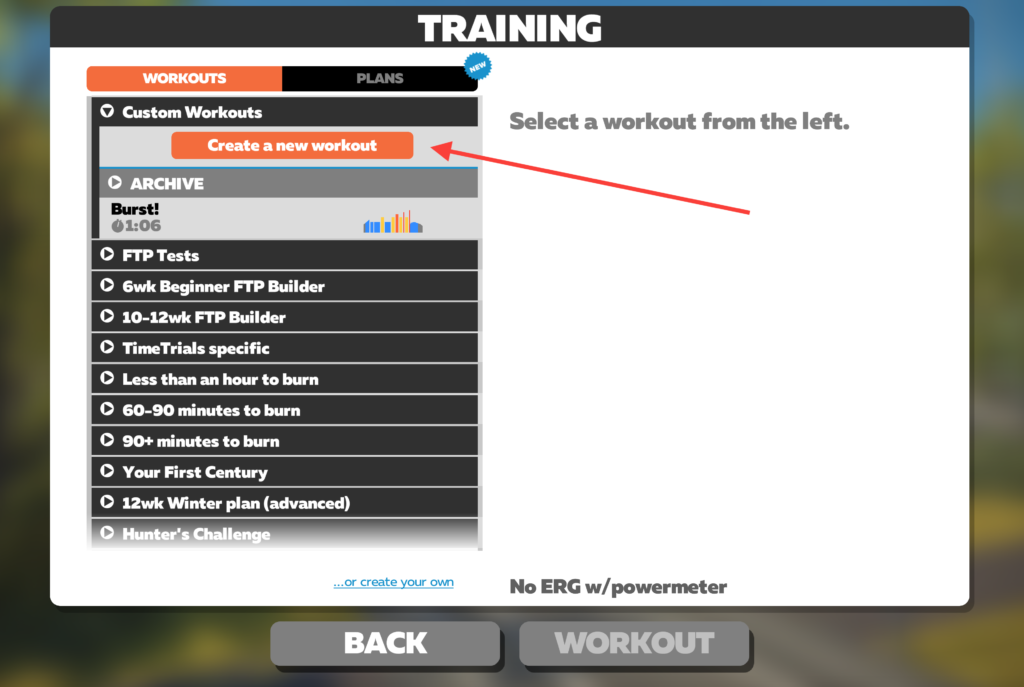 Zwift Workout Menu Screen - 360velo